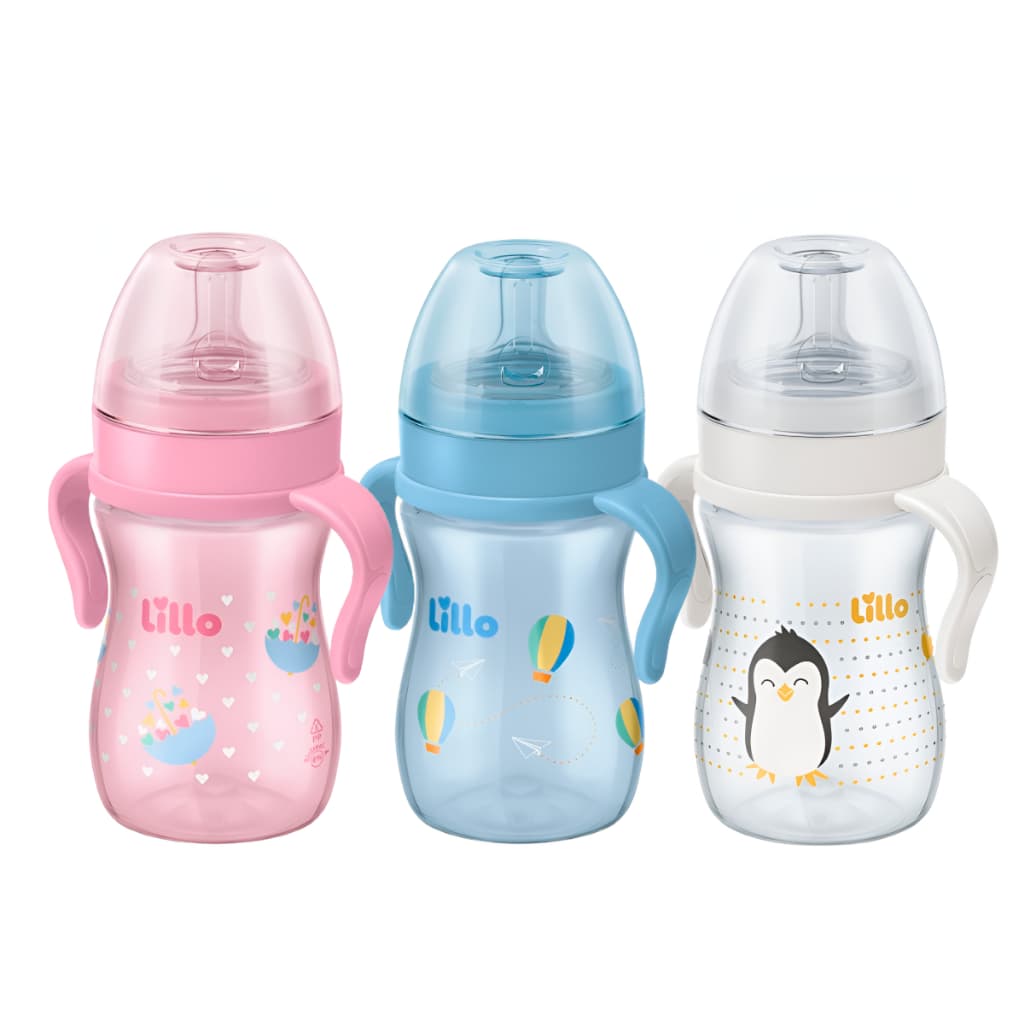 Mamadeira Super Evolution com Alças Tampa Antivazamento Bico Redondo Silicone 240mL +6 Meses Lillo
