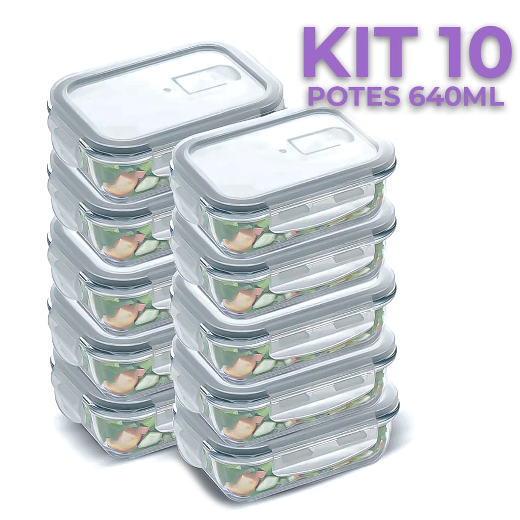 Kit 10 Potes Hermético 640ml Vidro 4 Travas Marmita