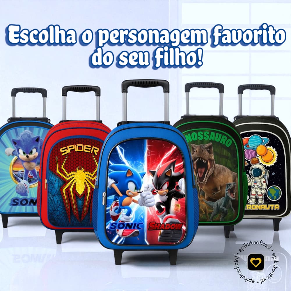 Mochila de Rodinha Escolar Infantil Masculina Reforçada | Estampas com Personagens + Alça Retrátil