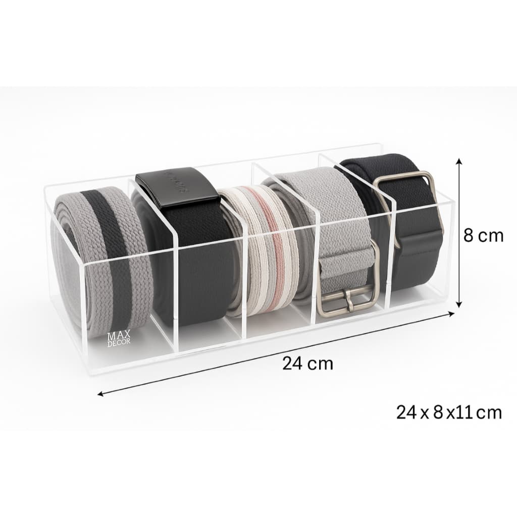 Organizador de Cintos em Acrílico Cristal com 5 Divisórias 24x8x11cm