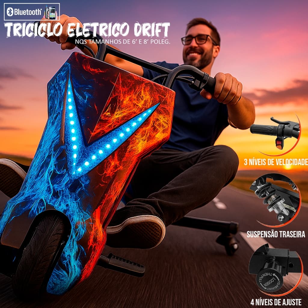 Triciclo Elétrico Drift Com Amortecedor Infantil / Adultos em Ação 25Km/h Scooter Até 70Kg Bluetooth