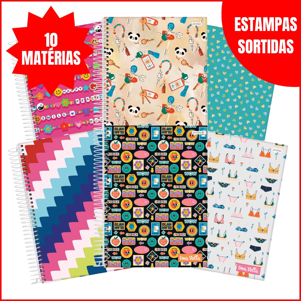Caderno 10 Matérias Jandaia Stella 160 Folhas Capa Dura Grande Feminino Estampas Variada