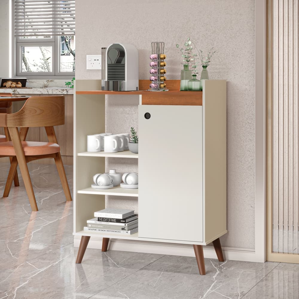 Buffet Miguel Compacto 1 Porta 3 Prateleiras Pés Palito - Aparador Multiuso Sala Cozinha Café Cores
