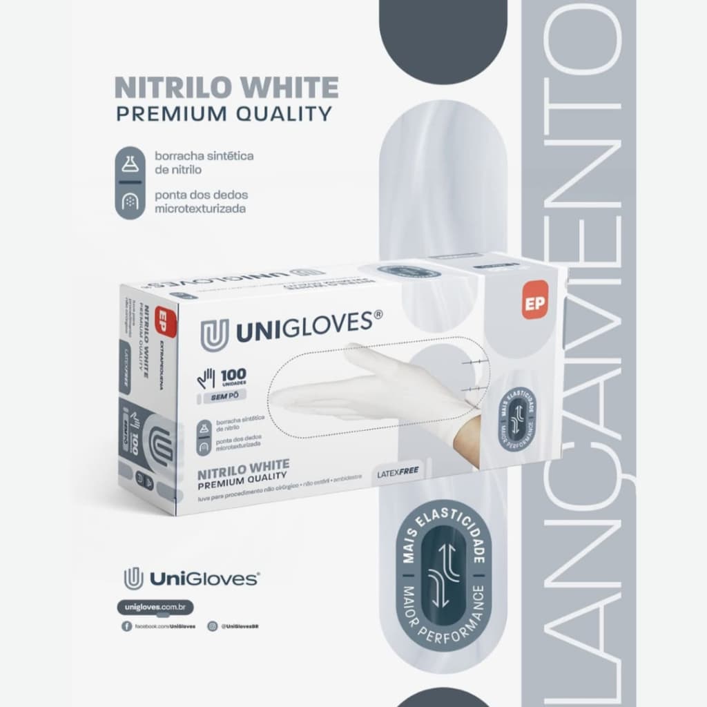 LUVA NITRÍLICA BRANCA UNIGLOVES NITRILO SEM PÓ  | VÁRIOS TAMANHOS