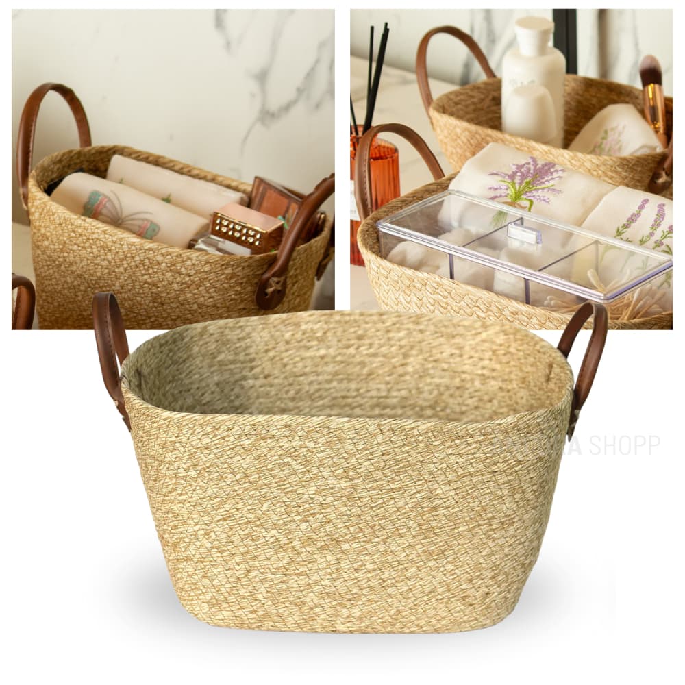 Cesto Organizador de Fibra Natural Mocca com Alça 30cm Organização Decoração Roupas e Lavanderia