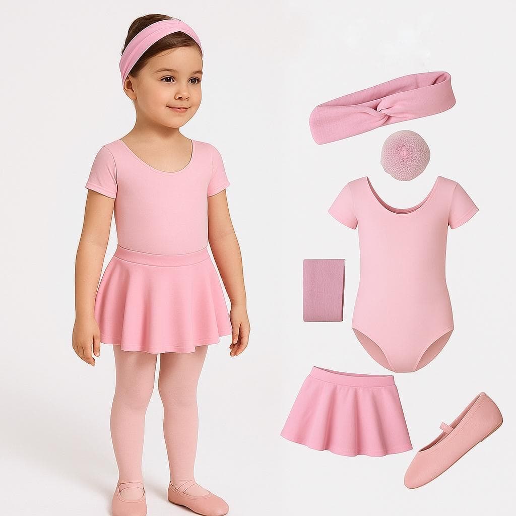 UNIFORME COMPLETO Kit Ballet Infantil 6 Itens Collant Meia Manga + Saia Cós Balé e Sapatilha Uniforme Bailarina ROSA