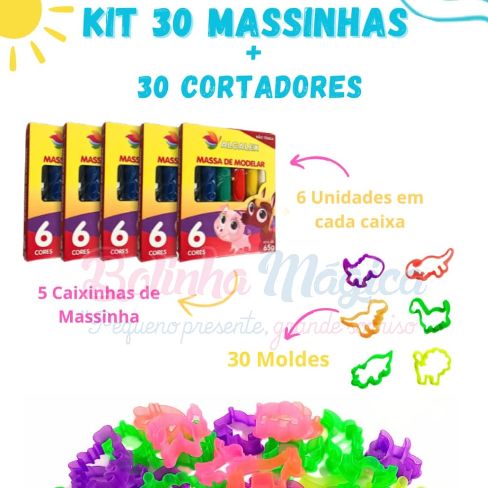 Kit 30 Unidades de Massinha de Modelar + 30 Cortador Forminha Molde Kit Festa Lembrancinha Criança