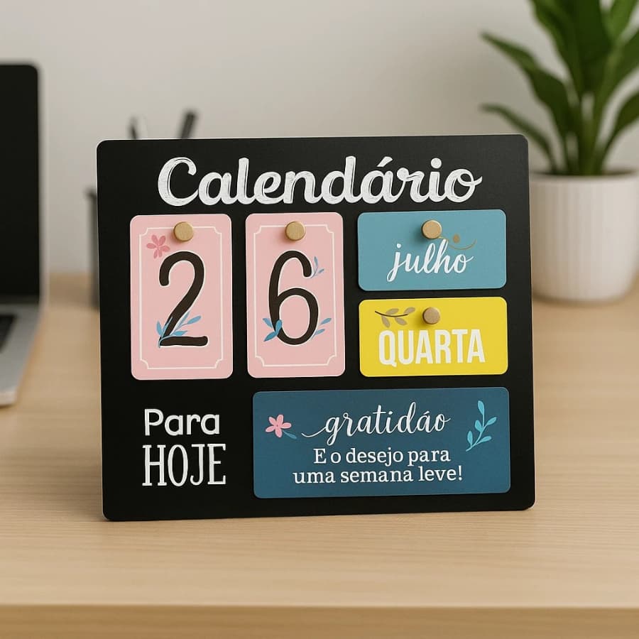 Calendário de Mesa Decorativo de Madeira com Plaquinhas Permanente Colorido Escritório