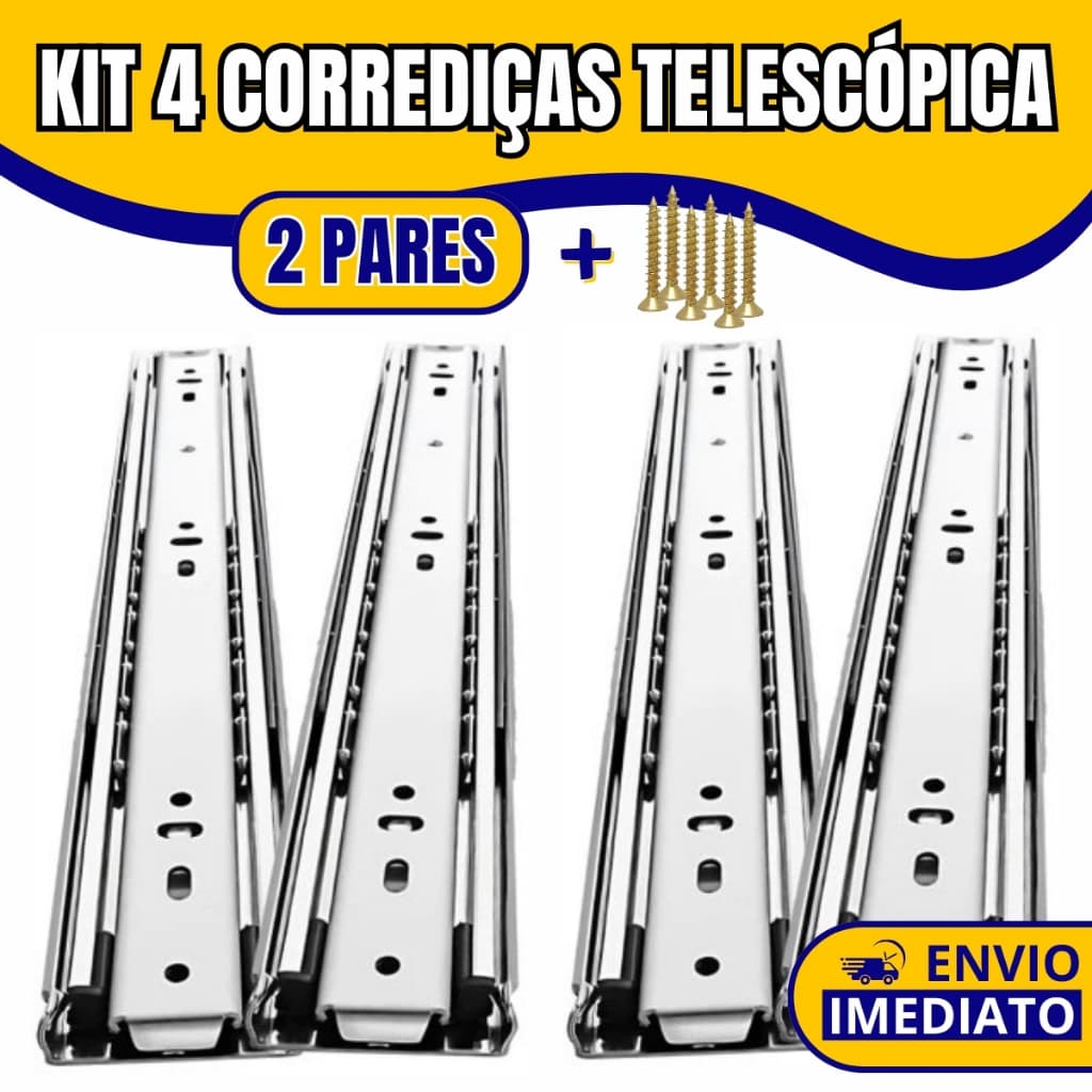 Kit 4 Corrediças Telescópicas Para Gaveta Com Parafusos Trilho Light 25cm a 45cm Aço Deslizante