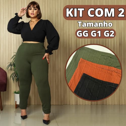 kit 2 Calças Legging Canelada 3D Plus Size Feminina Cintura Alta Tecido Boobly