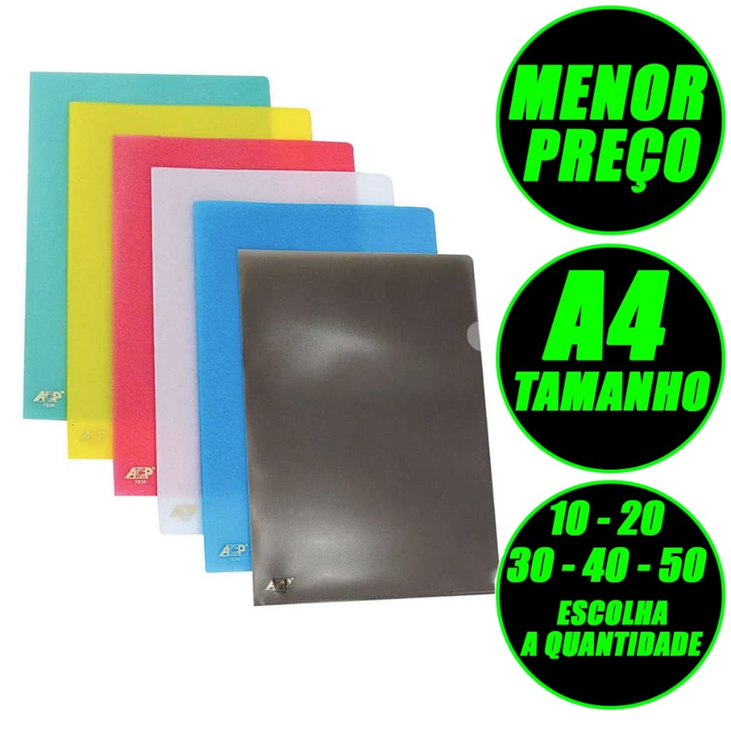 Pasta L Plástica A4 Protetora Pacote Com 10 20 30 40 50 Transparente Fumê Azul Rosa Verde Vermelho