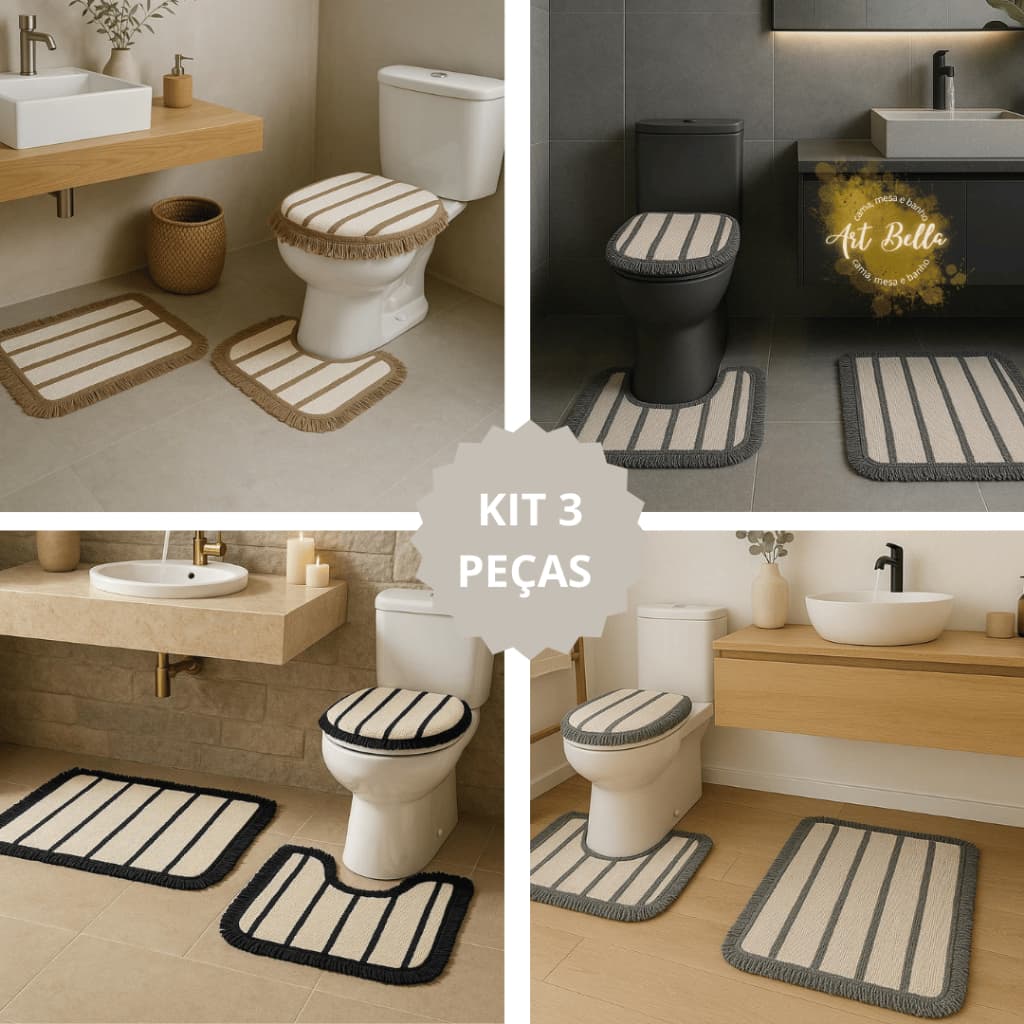 Kit Tapete Banheiro com 3 peças algodão Premium Jogo de Banheiro Decoração listras com franja