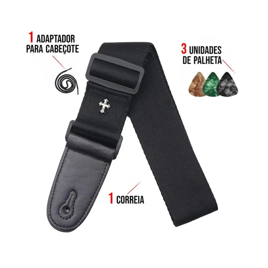 Correia Para Violão Guitarra Baixo Alça Ajustável + 3 Palhetas Preto Cruz