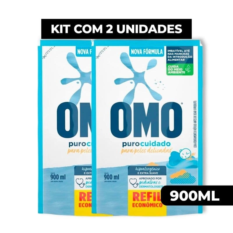 Lava Roupas Líquido Omo Sachê 900ml Puro cuidado Bebe hipoalergênico