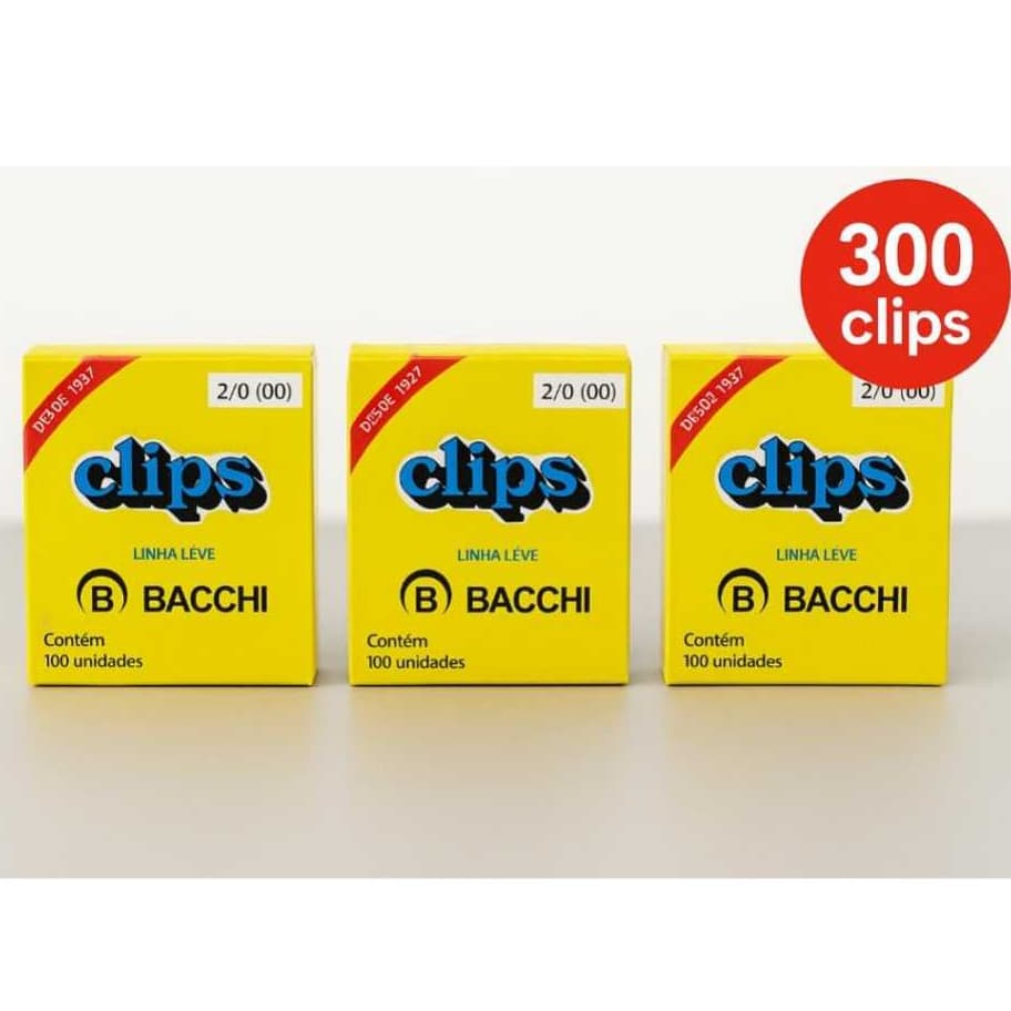 Kit 300 Clips Bacchi 2/0 Linha Leve Caixa 100 Unidades Papelaria Escritório