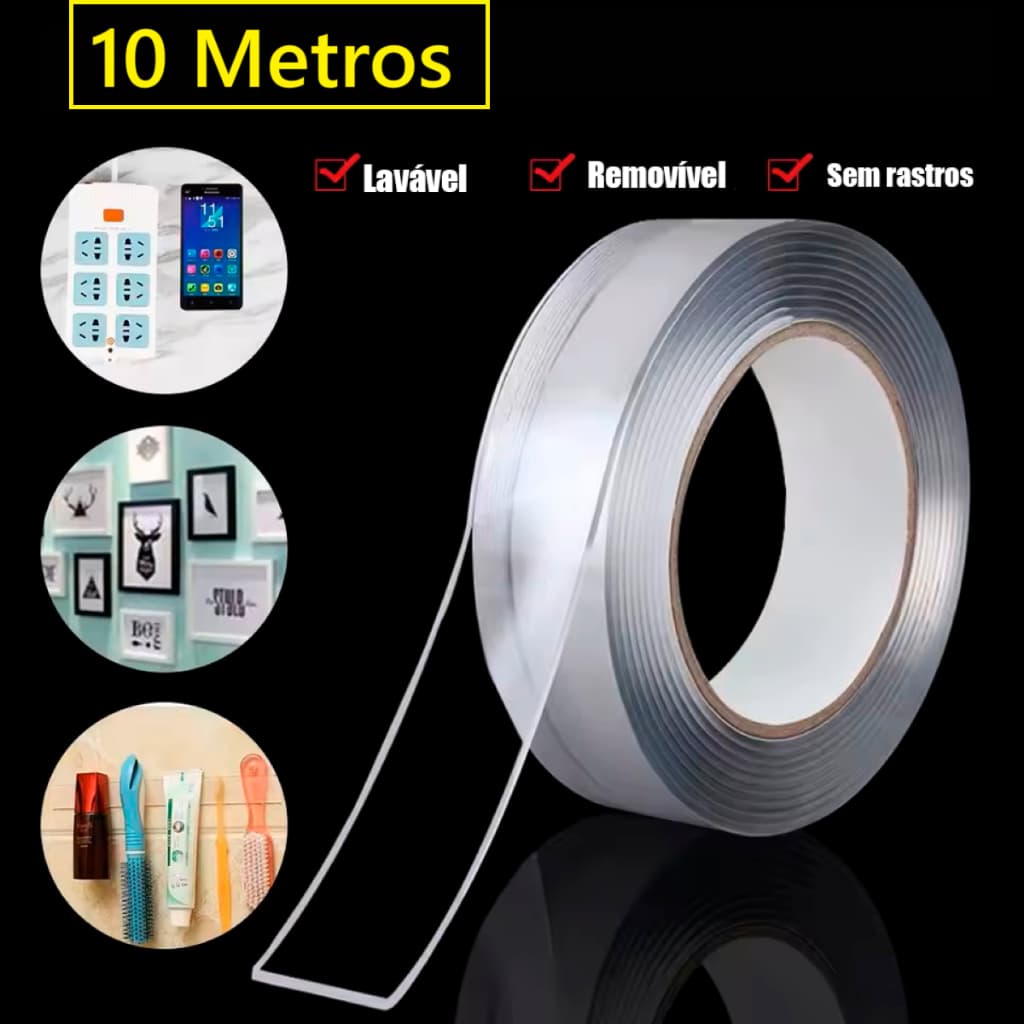 Fita Dupla Face Extra Forte Transparente 10M Nano Gel Autocolante Adesiva Cola Parede Móvel Grossa