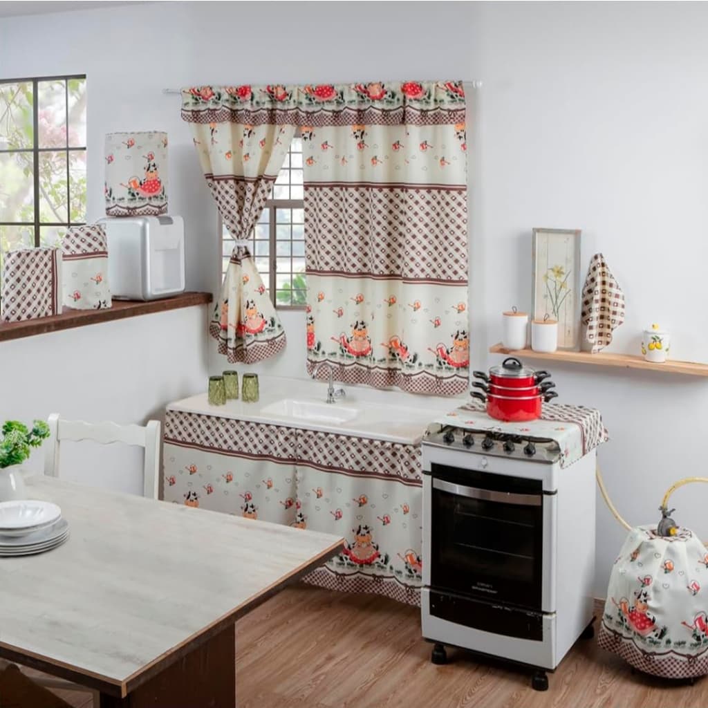 Kit 8 Peças Jogo De Cozinha Estampado Completo Com Cortina Pia Janela