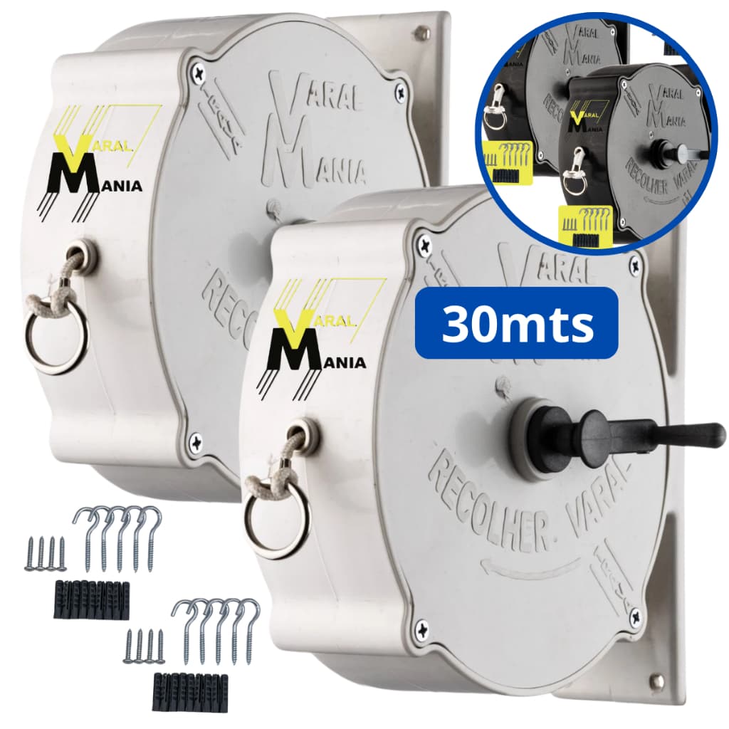 Kit 2 Varais Retráteis Recolhivel de Parede com Manivela – 30 Metros cada | Varal Mania