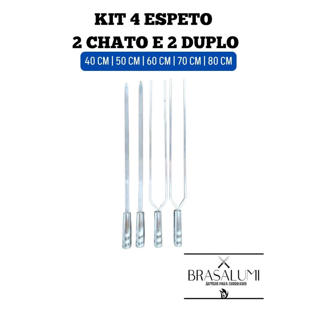 kit 4 espetos p churrasco (2 duplo 2 chato) alumínio