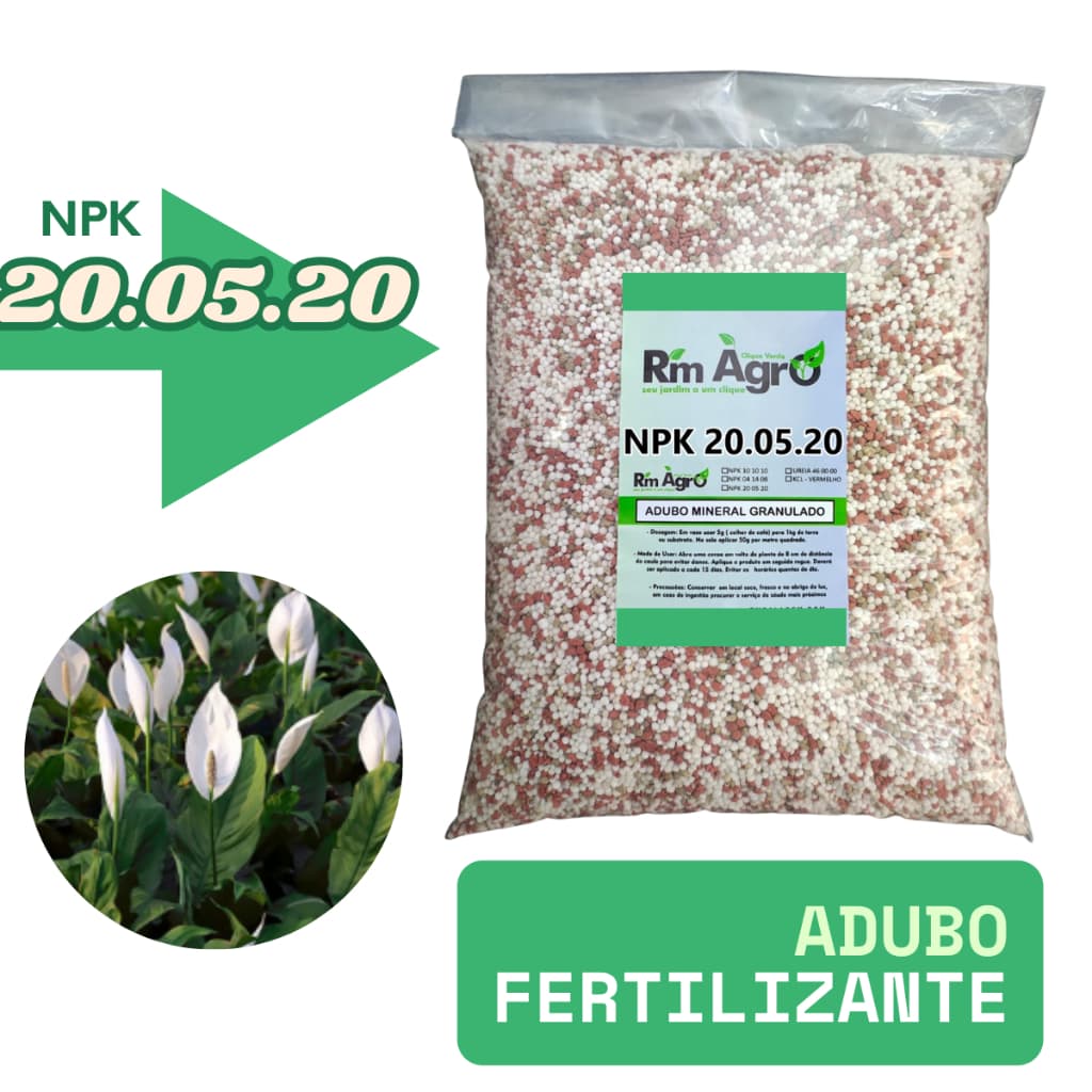 Adubo fertilizante que estimula crescimento de flores e folhas. Npk 20.05.20