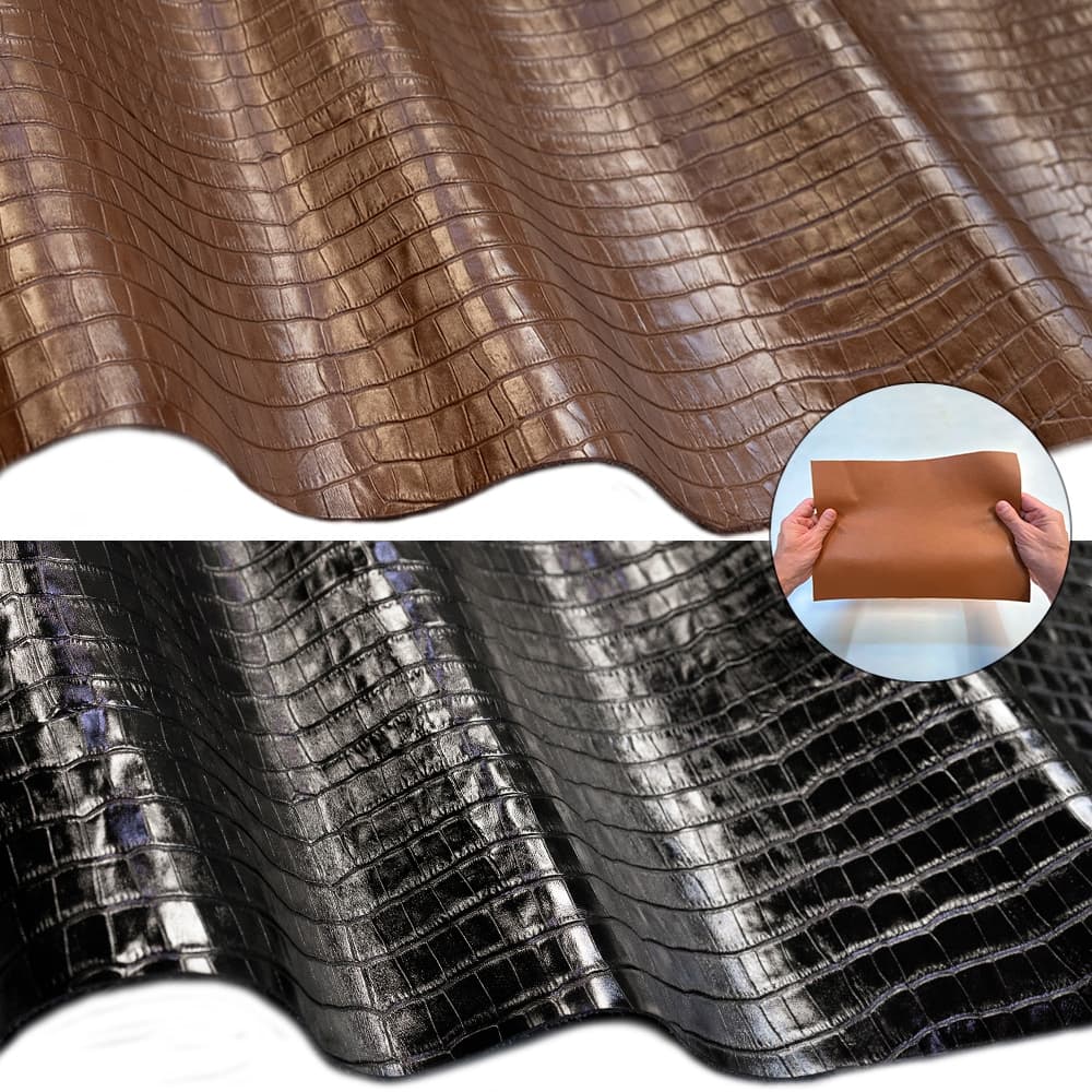 Kit 2 Placas Couro Genuíno 25x35cm tipo Croco - Painel Retalho Couro Bovino - Textura Estampada Luxo 10/12 linhas