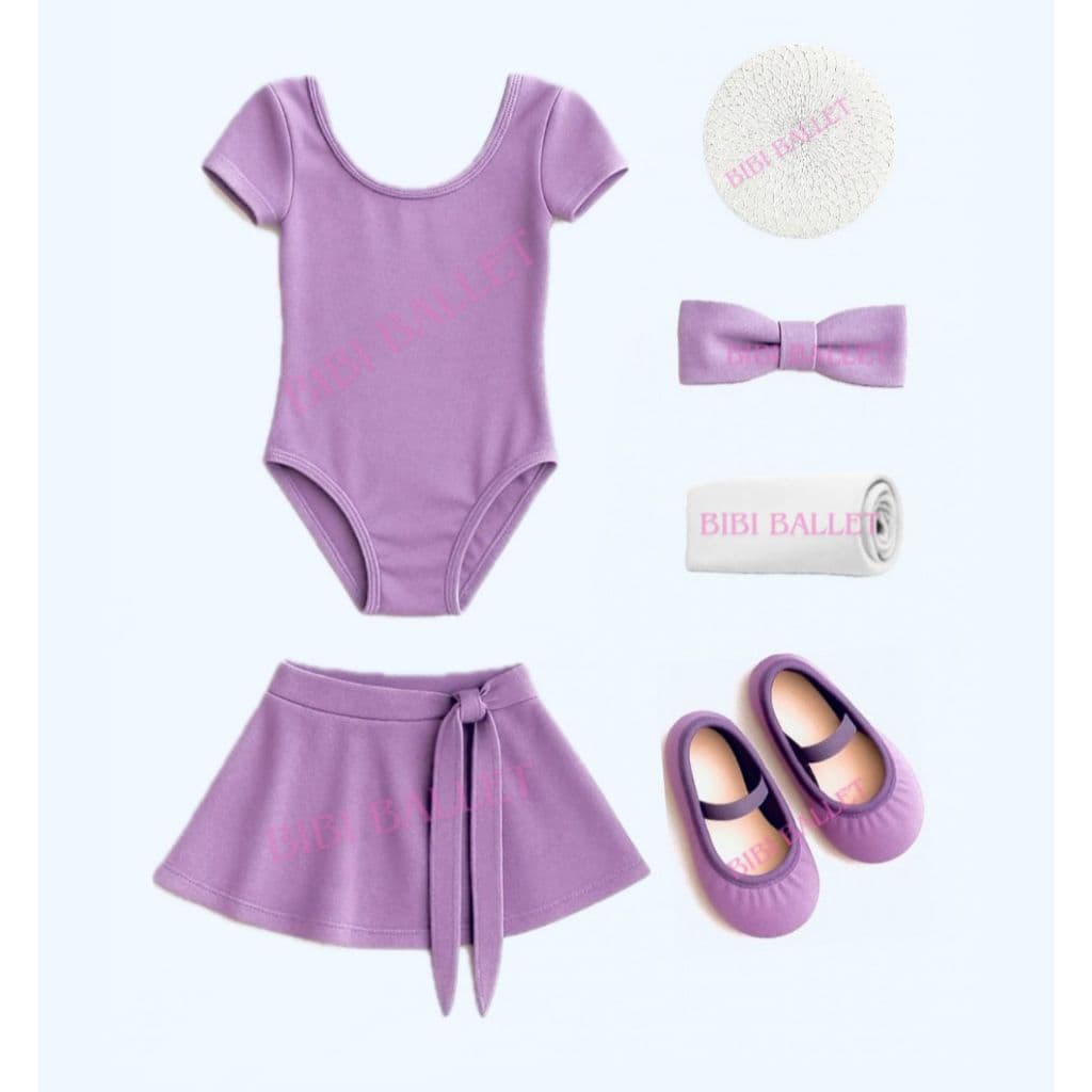 Kit 6 Itens (Ballet/Jazz Infantil) - Collant Com Manga, Saia de Transpassar, Sapatilha, Faixa, Rede e Meia (LILÁS)
