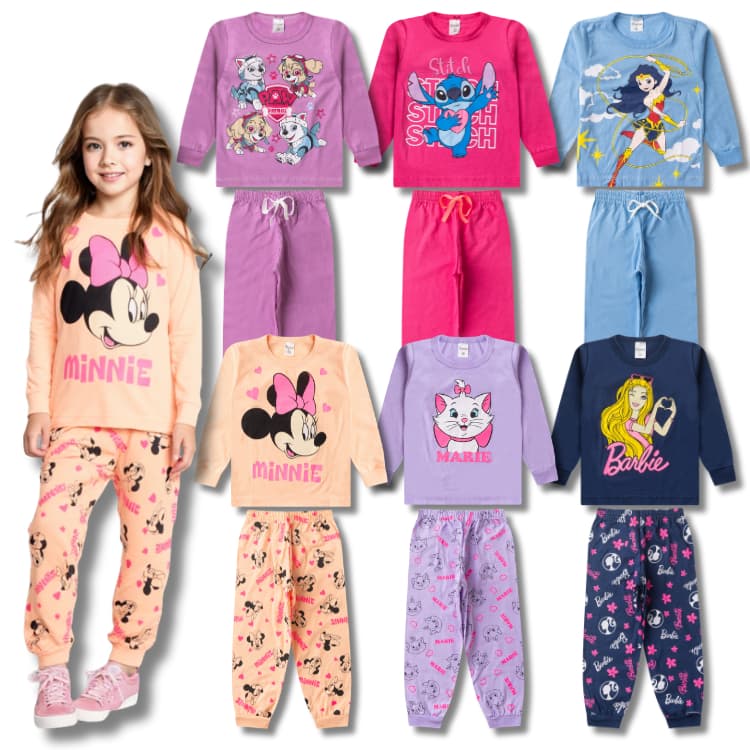 Kit Sortido 3 Conjuntos Pijama Inverno Feminino/Menina Infantil 3 Blusas Manga Longa + 3 Calças Frio