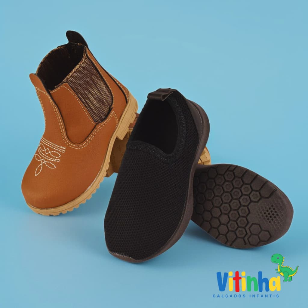 KIT 2 PARES - Bota Masculina Jeca e Tenis Calce Facil Infantil Menina Criança Juvenil Barato Escolar