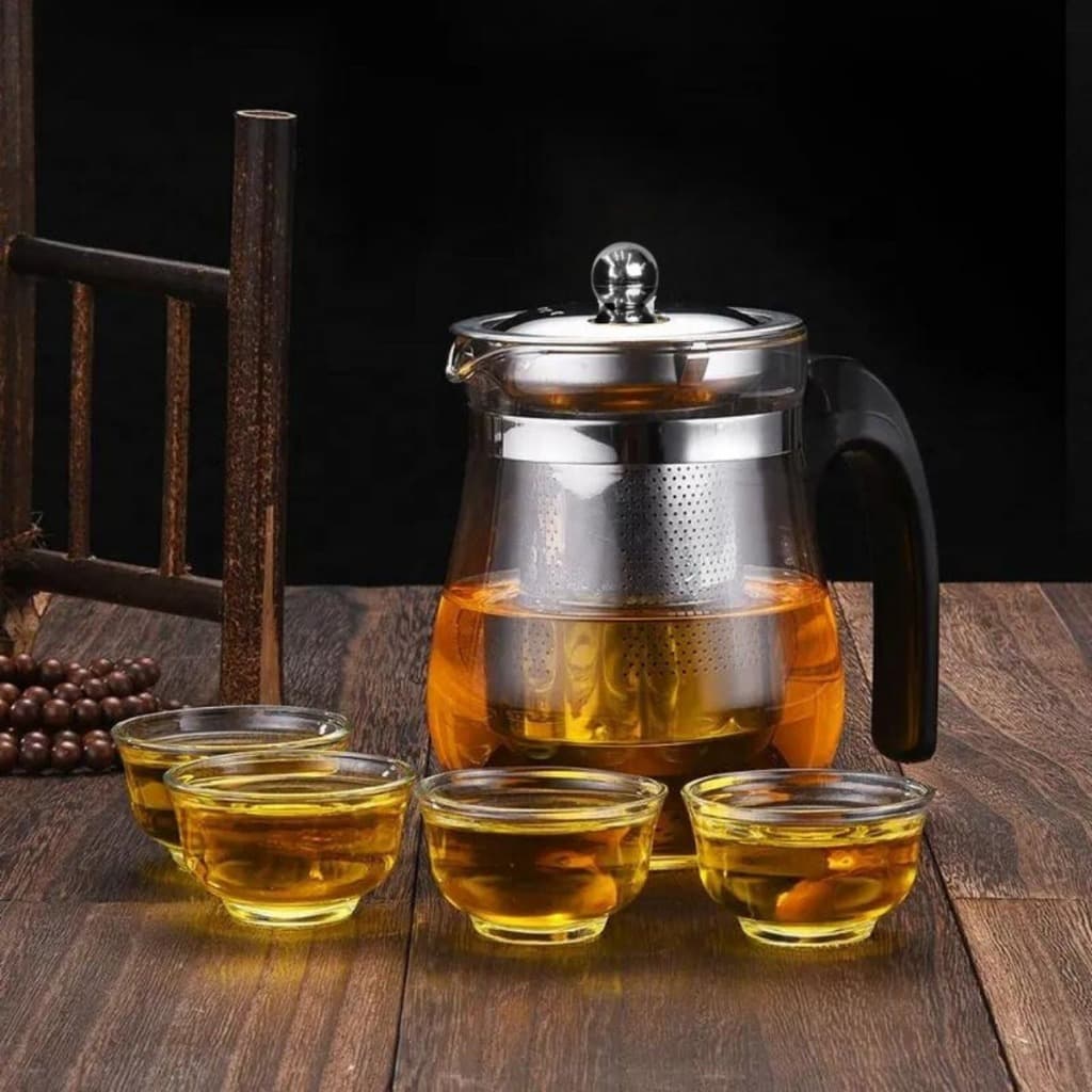 Conjunto Chá 1 Chaleira Bule Vidro 500ml Infusor + 4 Xicaras Café Aço Inox Vidro Resistente