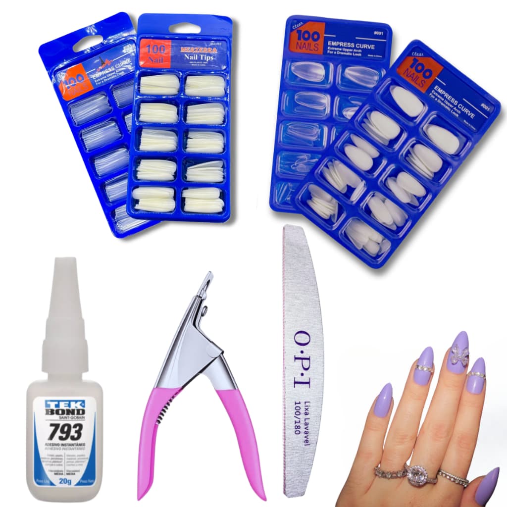 Kit Completo Alongamento de Unha - Unha Postiça + Alicate + Tekbond + Lixa