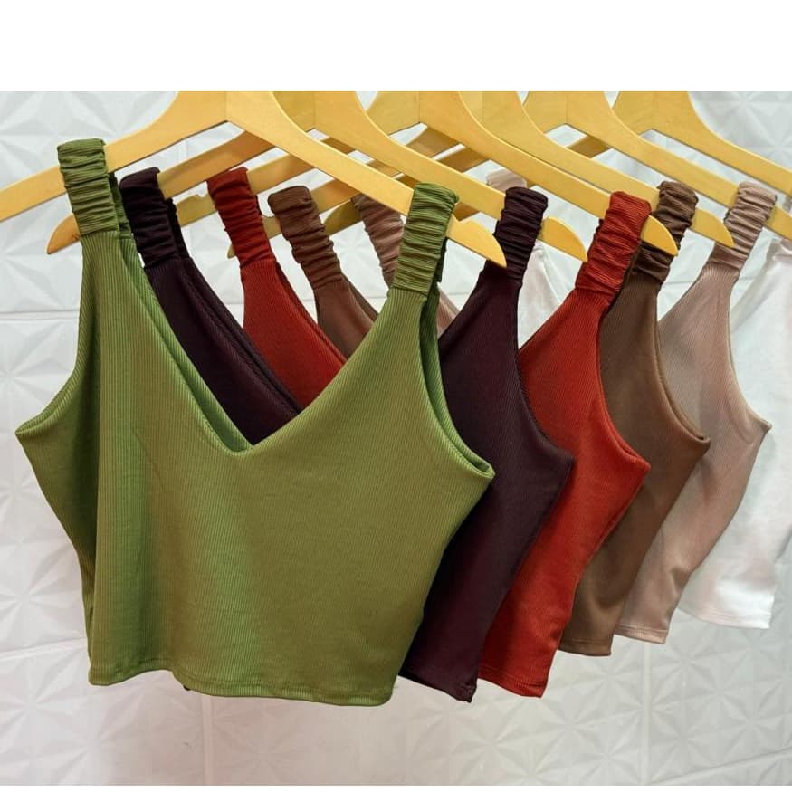Cropped top  Decote V alça com elastico  em tecido Ribana