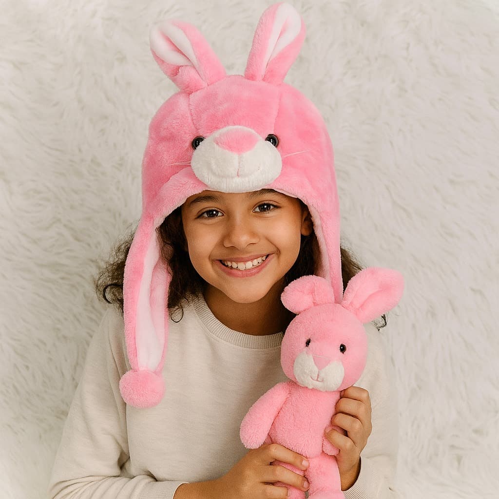 Touca de  Bichinho Coelho Rosa de Pelúcia ref:TC-106