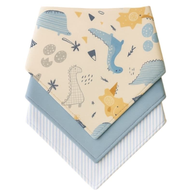 Kit com 3 Babador Bandana Bebê Menino 100% Algodão Dino Azul
