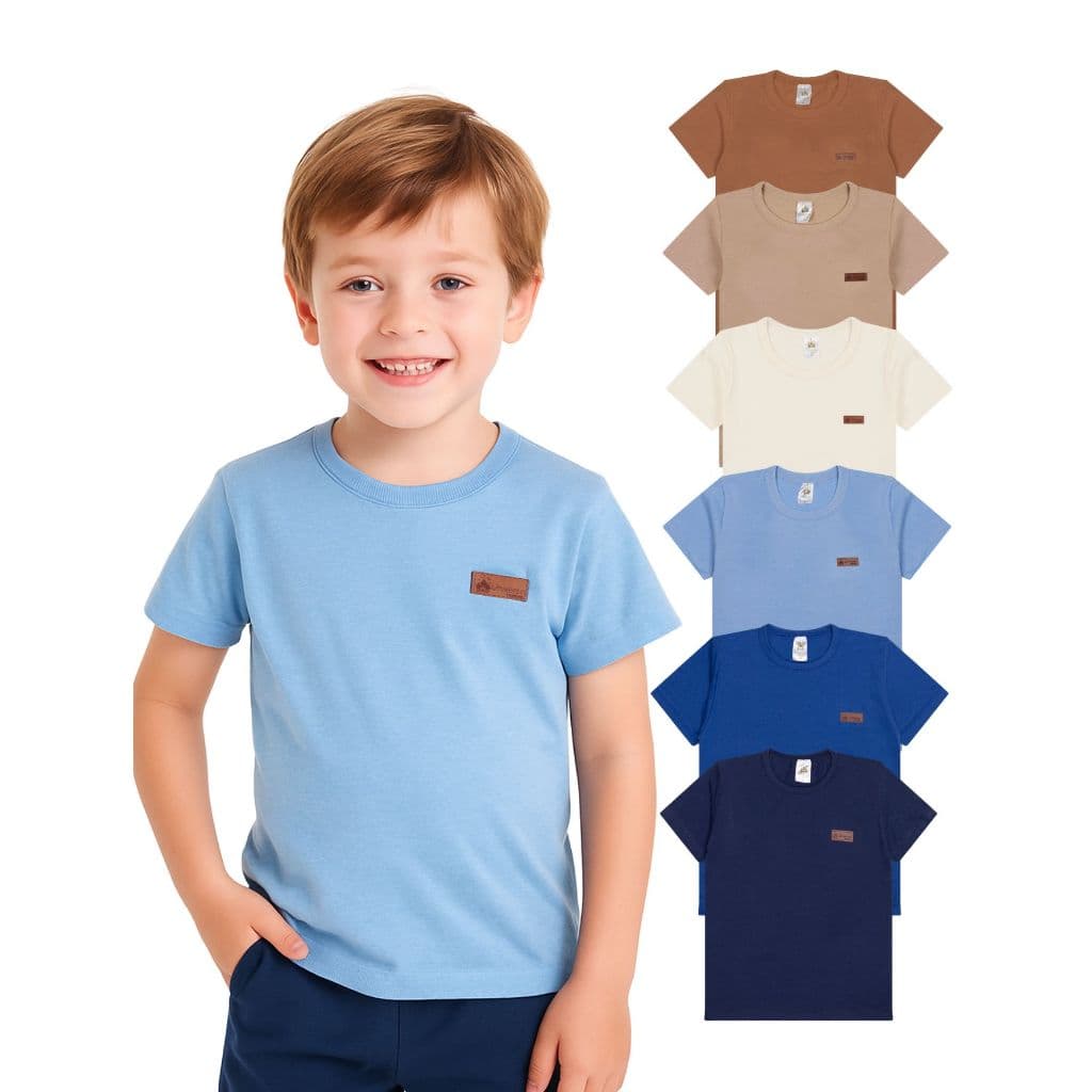 Kit com 6 Camisetas Básicas Infantil para Meninos Versátil Confortável e Coloridas Criança Casual De Verão 100% Algodão