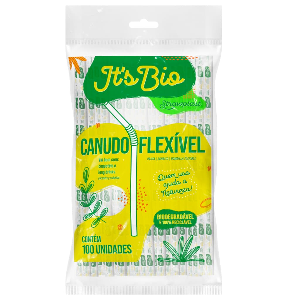 Canudo Flexível Biodegradável Strawplast C/ 100 Unidades
