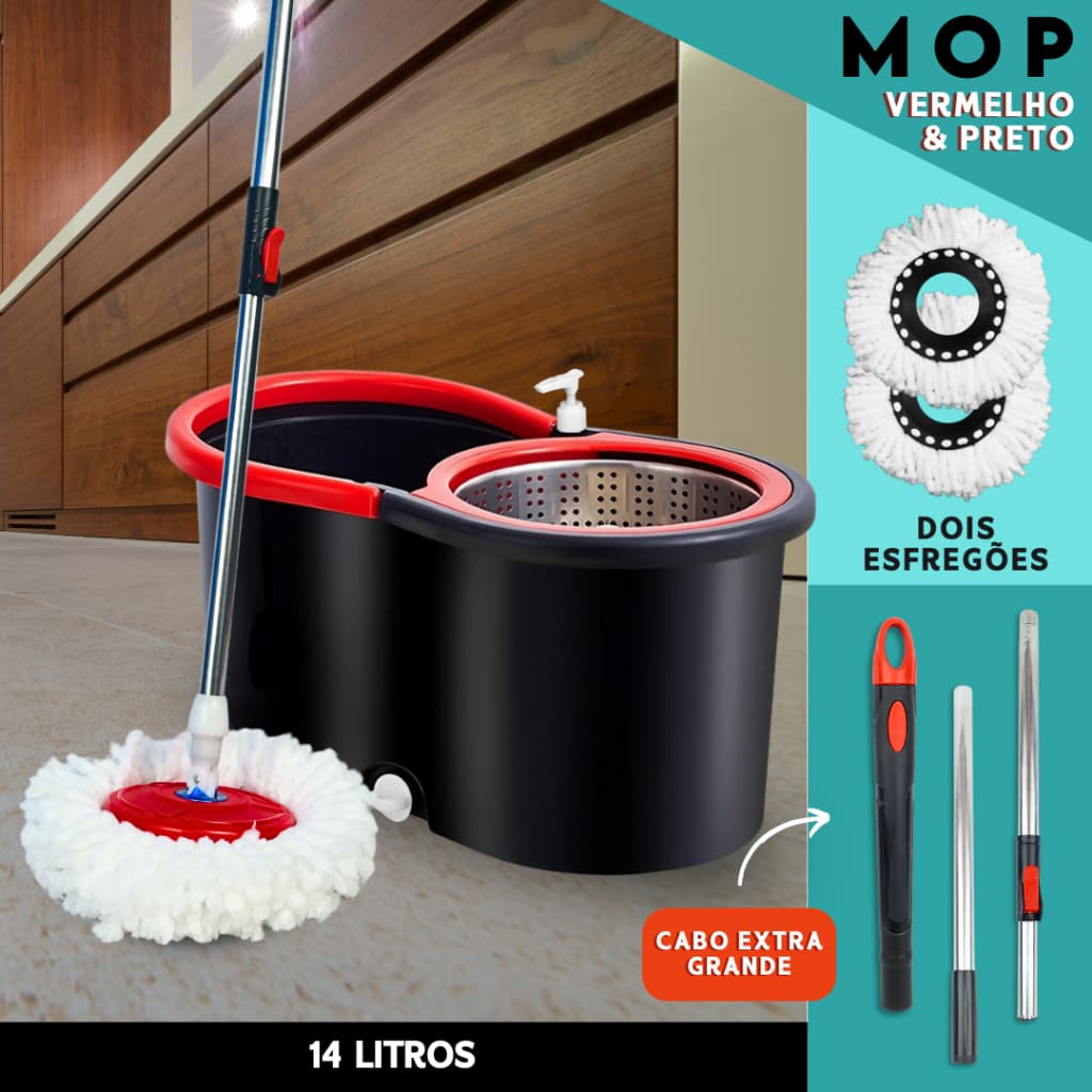 Mop Giratorio Com cabo de 140 cm Cesto Em Inox - Balde Centrífuga - C/2 Refil - AV