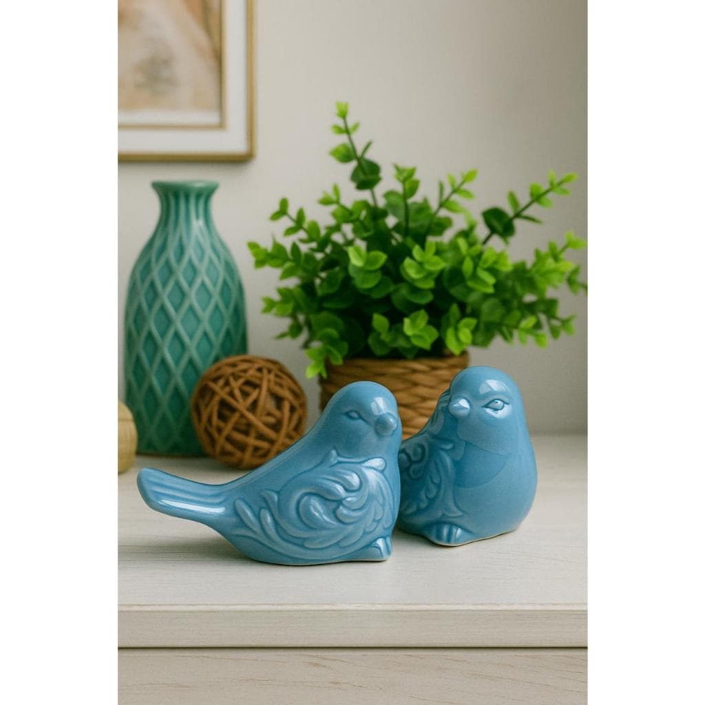 Kit Enfeites Passarinhos Cerâmica Azul Decoração Sala Banheiro 2 Peças
