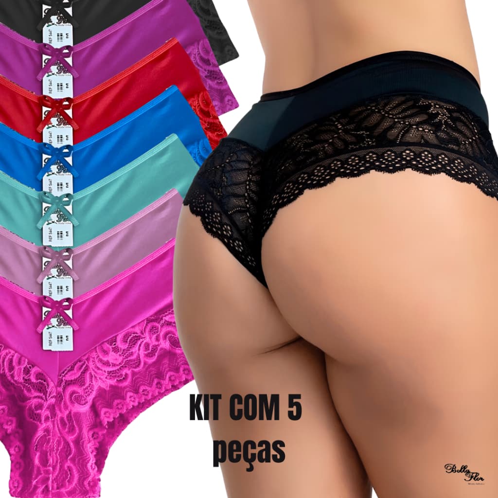 Kit 5 Calcinhas  Luxo Renda Box Shortinho Cueca Feminina Forro 100% algodão