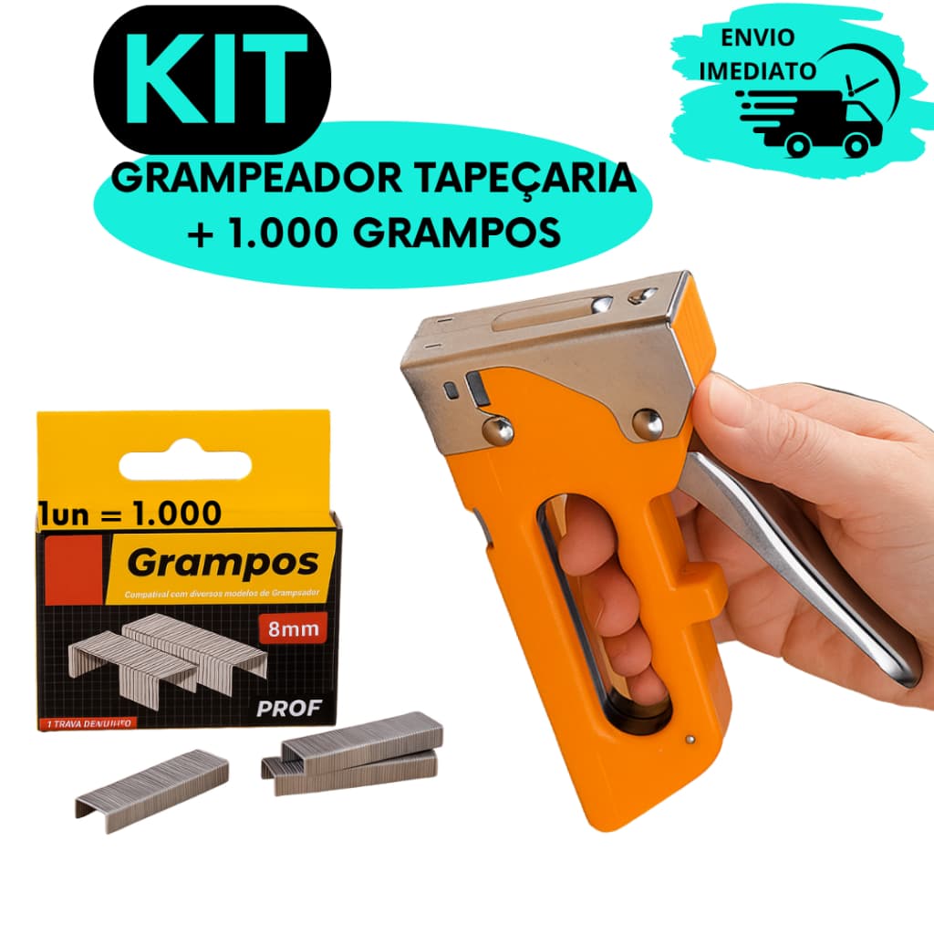 Kit Grampeador Com 1.000 Grampos Tapeçaria Marcenaria Doméstico Profissional