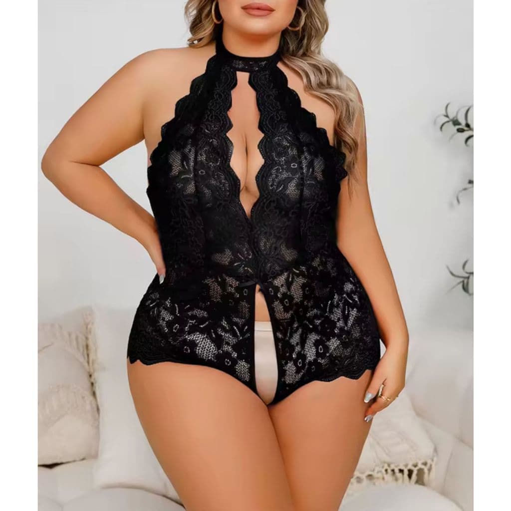 Body Rendado Plus Size Decote Vazado Sedutor Gola Alta