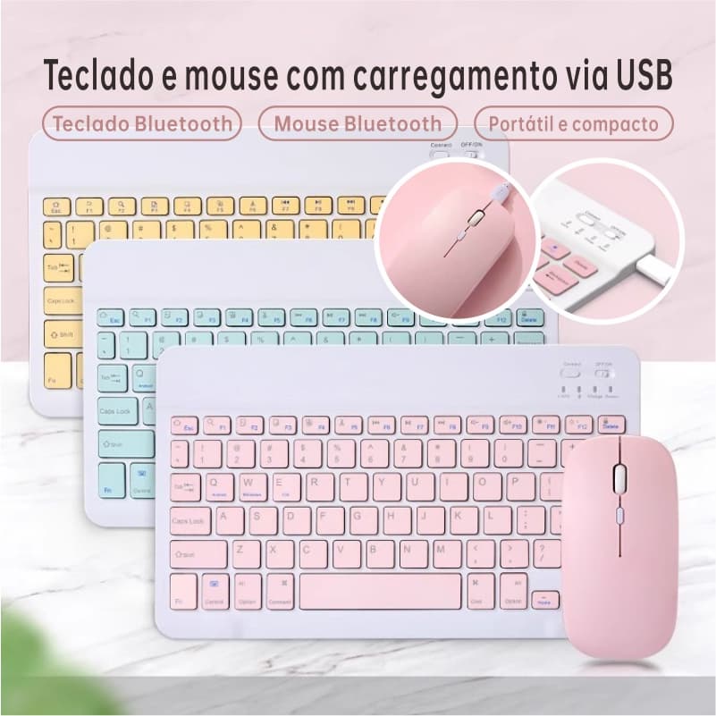 Teclado e mouse sem fio—Compatível com tablet，Notebook e celular, Recarregável e 150h de Bateria