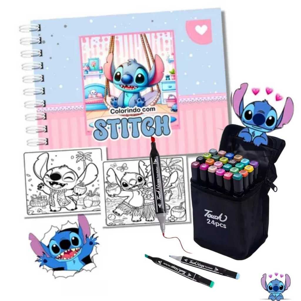 Kit Livro De Colorir Lilo Stitch Pintar Diversão + 8/12/24/36/48 Canetinhas Touch Ponta Dupla Arte
