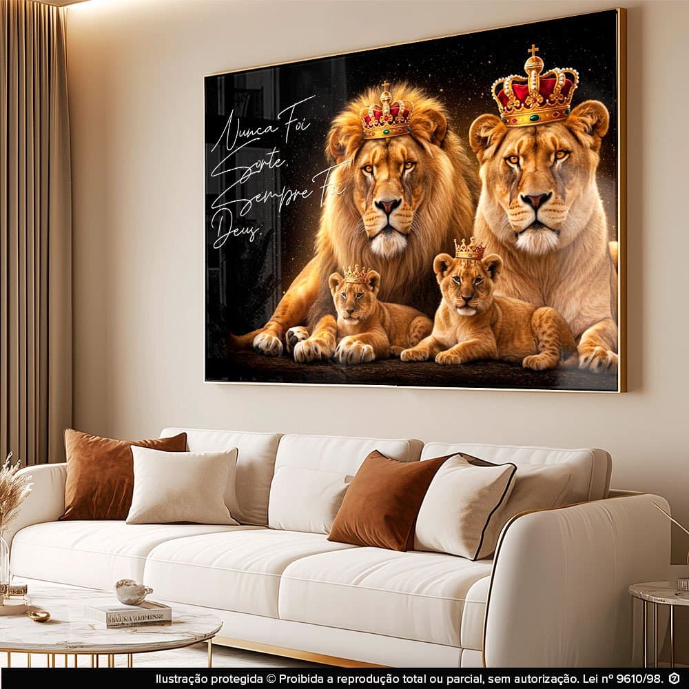 Quadro Decorativo Leão Família Filhotes Mosaico Sala Quarto Escritório Hall