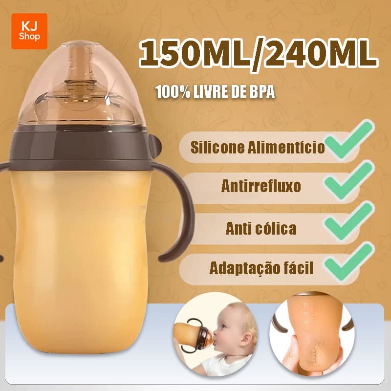 Mamadeira de Silicone que imita o peito da mãe, Garrafa de Leite Materno de Silicone com Pescoço Largo e Alça