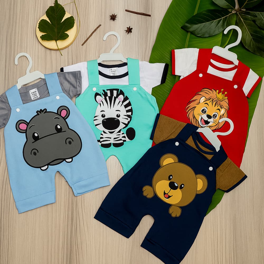 Conjunto de Bebê Macacão Jardineira Safari com Estampa de Animais - Roupa Fofa para Bebê Menino Menina Unissex Presente