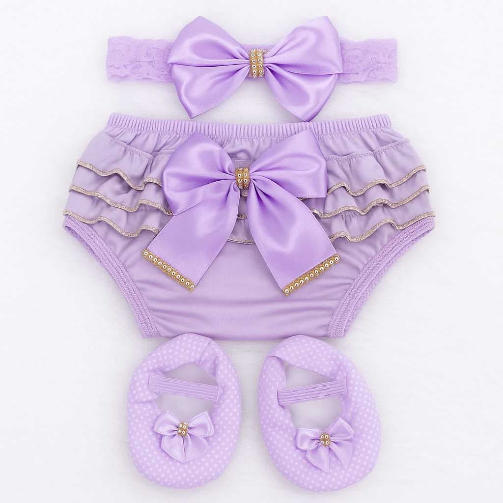 Kit Calcinha Bunda Rica Tapa Fralda Para Bebe com Lacinho e Sapatilha Luxo de 0 a 9 Meses