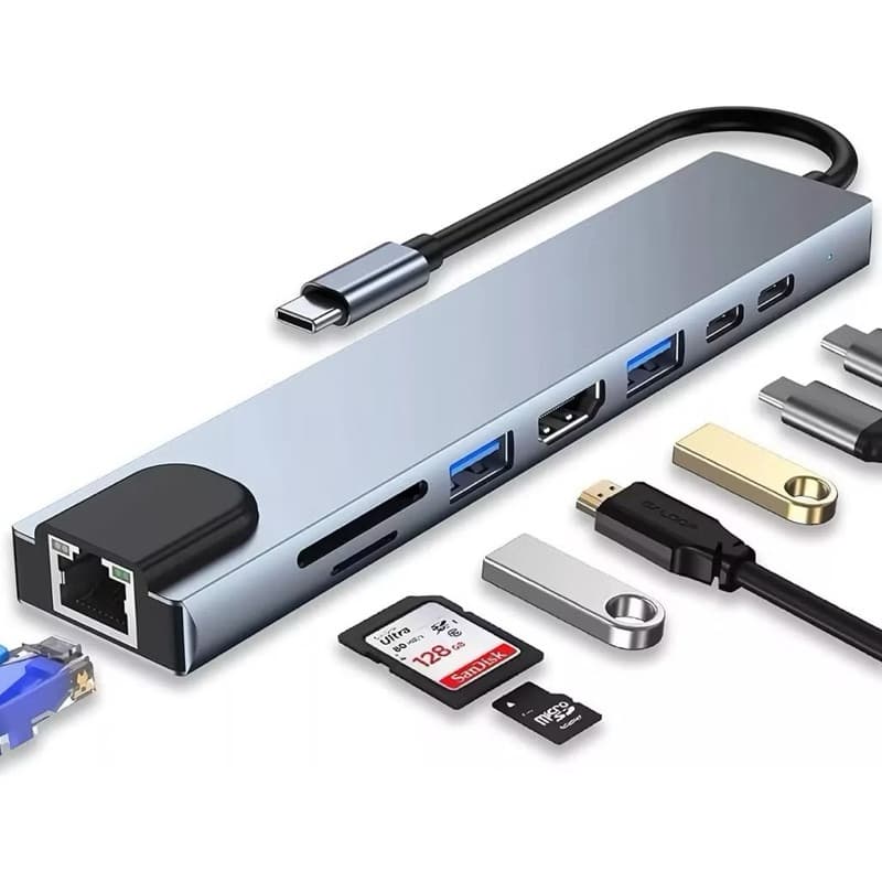 Hub USB-C 8 em 1 com HDMI 4K, RJ45, Leitor SD/TF, USB 3.0, Tipo-C PD – Adaptador para MacBook, Notebook, PC