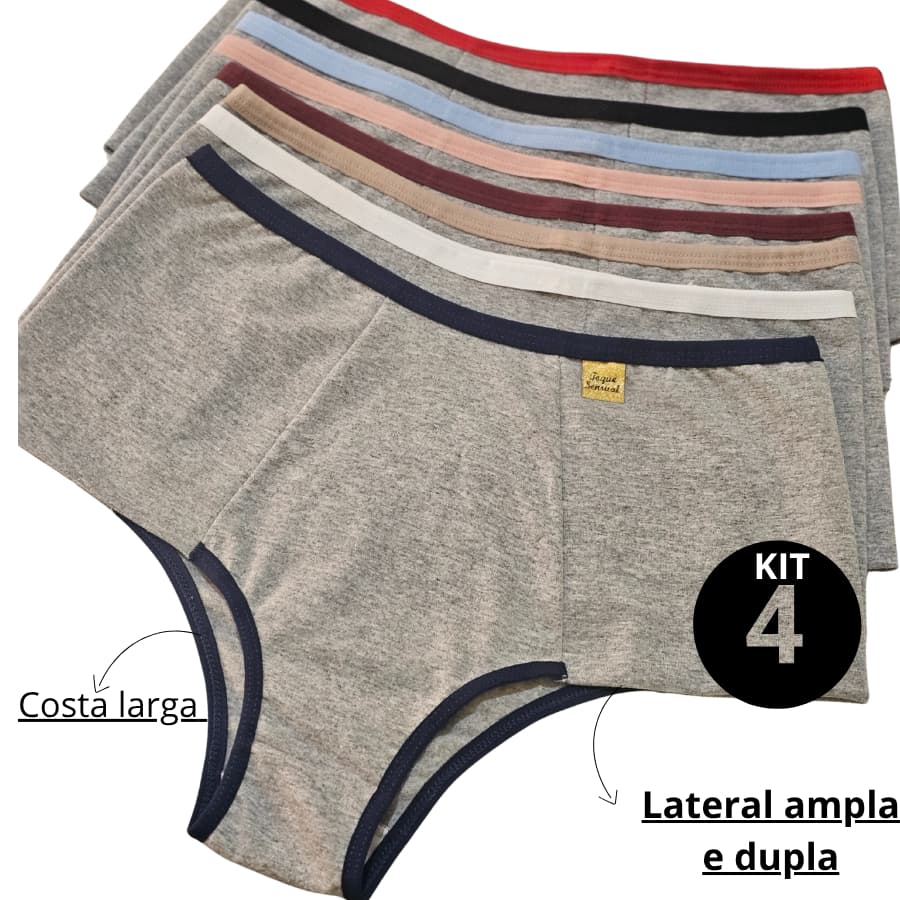 Kit 4 Calcinhas Plus Size de Algodão Cintura Alta Lateral Larga Dupla Confortável Lingerie Feminina