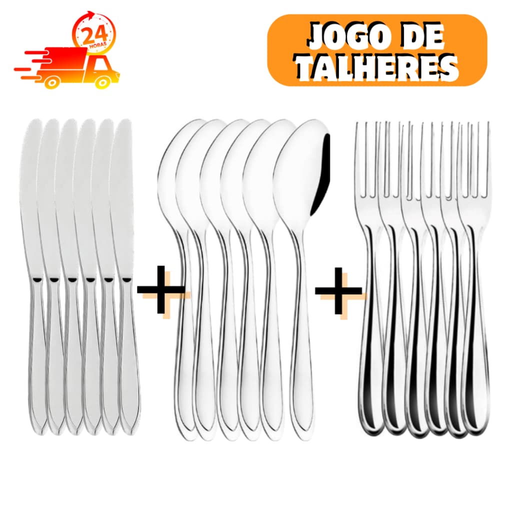 Jogo Kit de Talheres 36/18 peças Aço Inox colher de sopa faca de serra e garfo