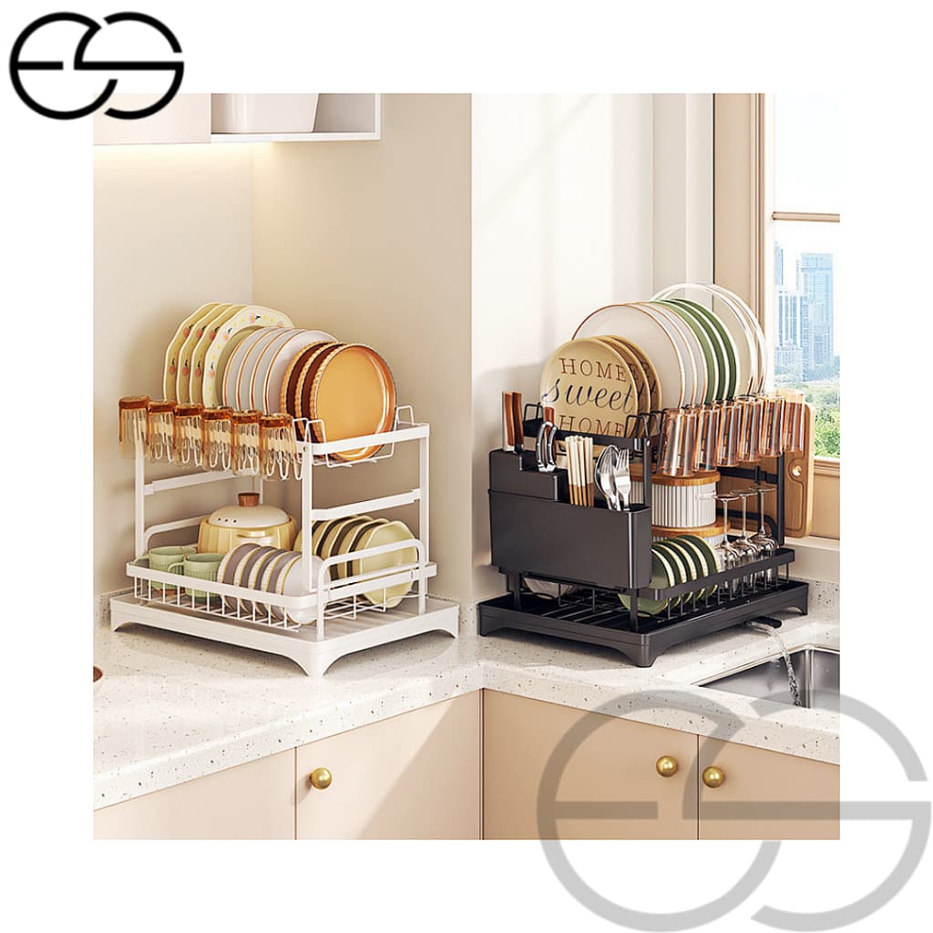 Escorredor de Louça Rack Preto e Branco 2 Andares Com Bandeja Coletora Grande ES